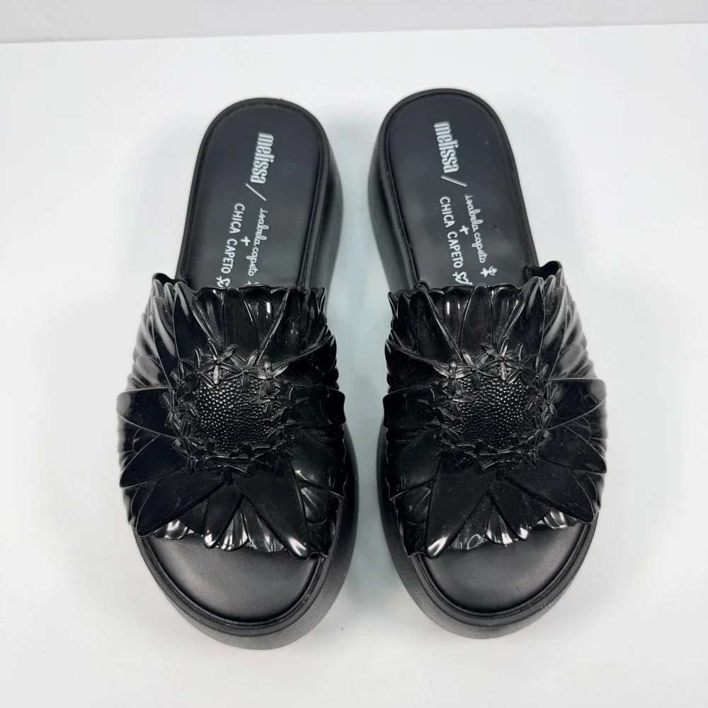 Melissa Womens 7 Isabela Capeto Becky Black Floral Platform Mules Slide Sandals